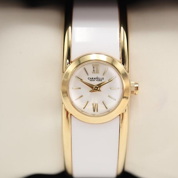 Caravelle New York White Gold Tone 20mm Petite Watch Cuff Working New in Box - Picture 2 of 9